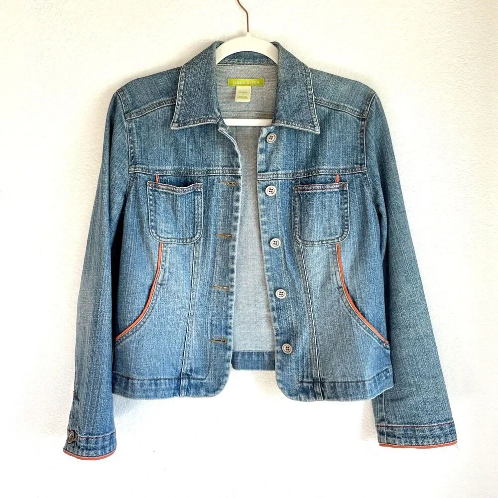 Sigrid Olsen Y2K Crop Denim Jacket Orange Piping Contrast Trim Size 2 Petite - Picture 2 of 10